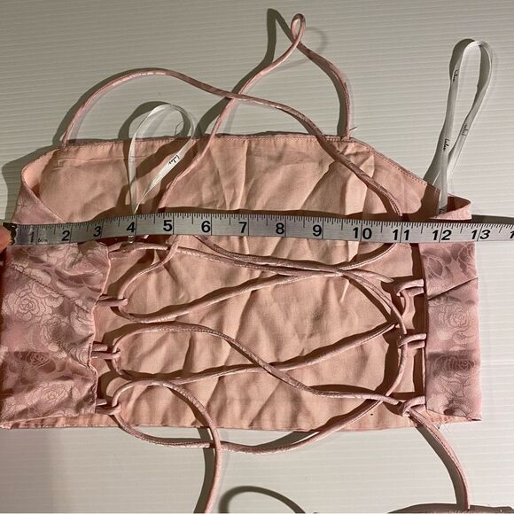 Lulus  2 piece In a Bliss Pink Floral Satin Jacquard Ruched Mini Skirt crop XS - Picture 8 of 15